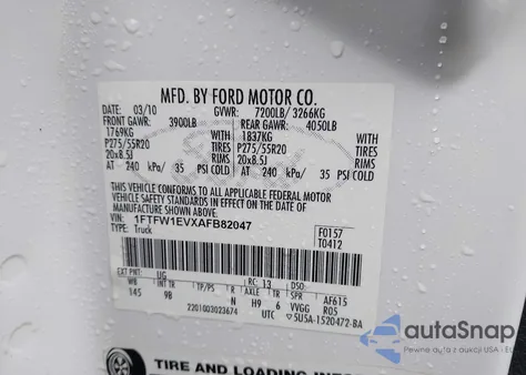 2010 Ford F-150 Fx4/Harley-Davidson/King Ranch/Lariat/Platinum/Xl/Xlt from USA, damaged, VIN 1FTFW1EVXAFB82047